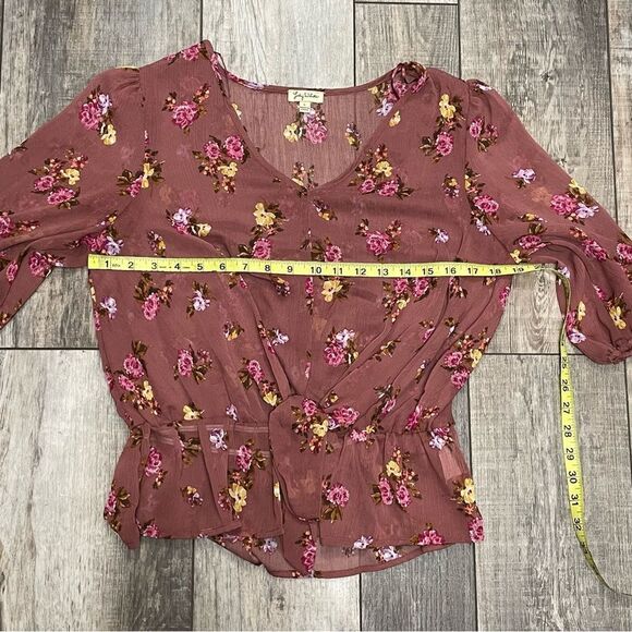 Lily White Floral 3/4 Sleeve Front Knot Blouse Wine With Yellow Pink Flowers Lrg - Picture 11 of 11